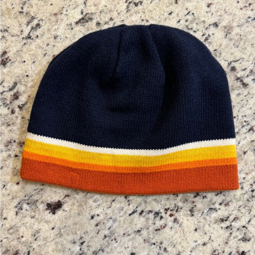 Vintage Old Navy, navy, orange, yellow and white striped beanie.